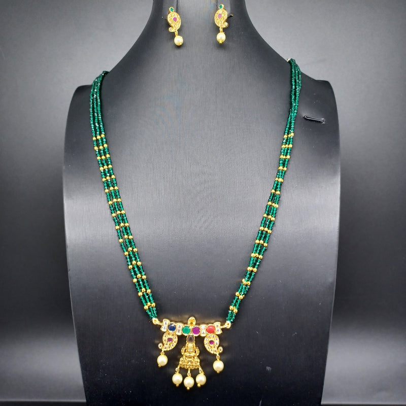 Beautiful AD And Navaratan Stone Multi Strand Green Beads Set With Earrings