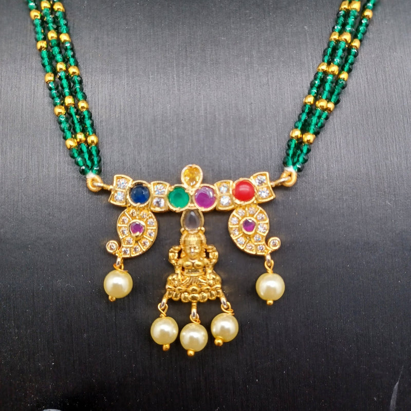 Beautiful AD And Navaratan Stone Multi Strand Green Beads Set With Earrings