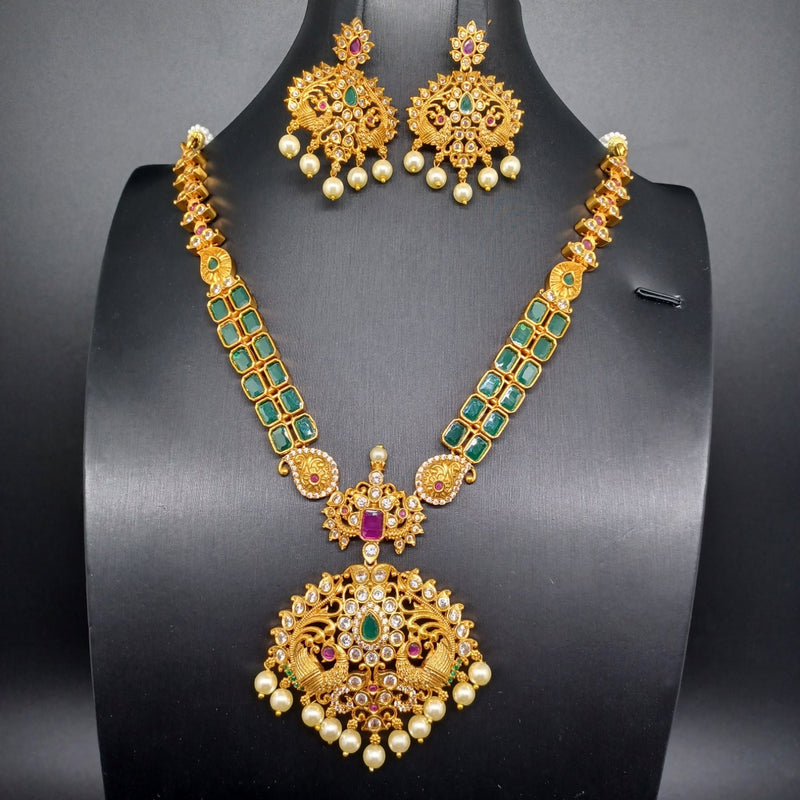 Beautiful AD And Multi Stone Emerald Necklace Set With Earrings