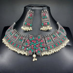 Beautiful Multi Stone Oxidised Necklace Set With Earrings