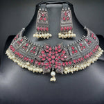 Beautiful Ruby Stone Oxidised Necklace Set With Earrings