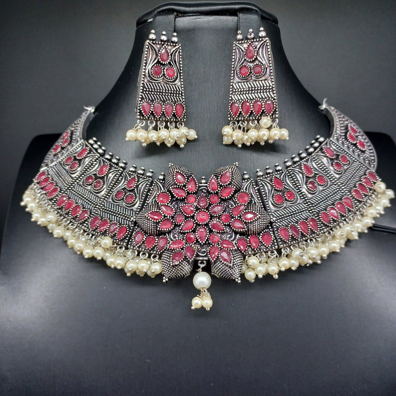 Beautiful Ruby Stone Oxidised Necklace Set With Earrings