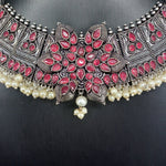 Beautiful Ruby Stone Oxidised Necklace Set With Earrings