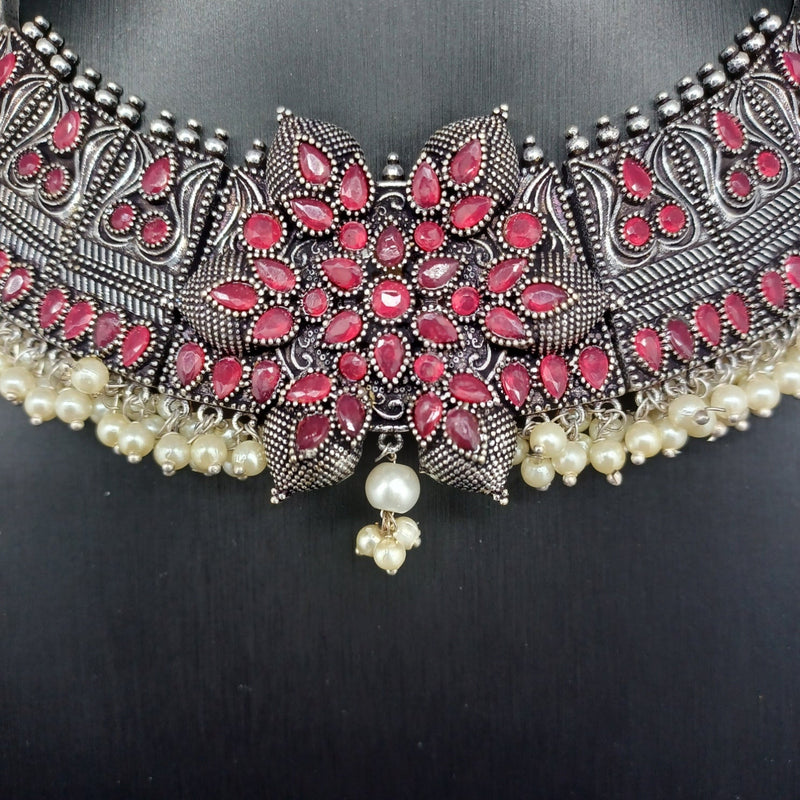 Beautiful Ruby Stone Oxidised Necklace Set With Earrings