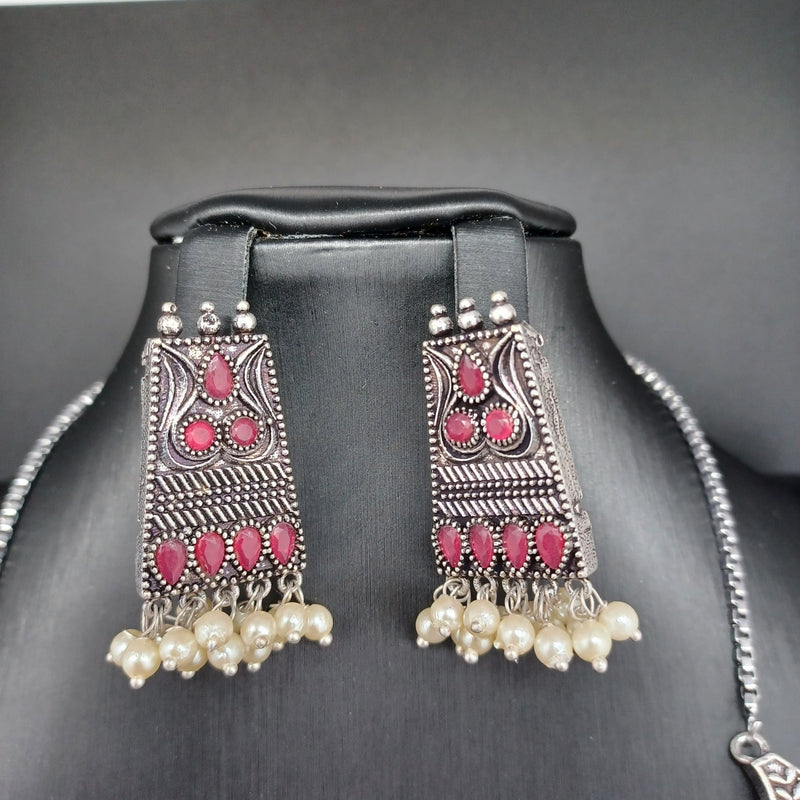 Beautiful Ruby Stone Oxidised Necklace Set With Earrings