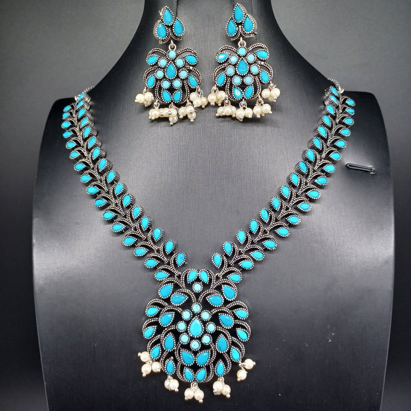 Beautiful Oxidised Firozi Blue Necklce Set With Earrings