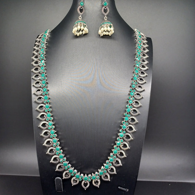 Beautiful Oxidised Green Stones Long Necklace Set With Earings