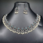 Beautiful Firozi Blue Stone Oxidised Flower Necklace Set With Earrings