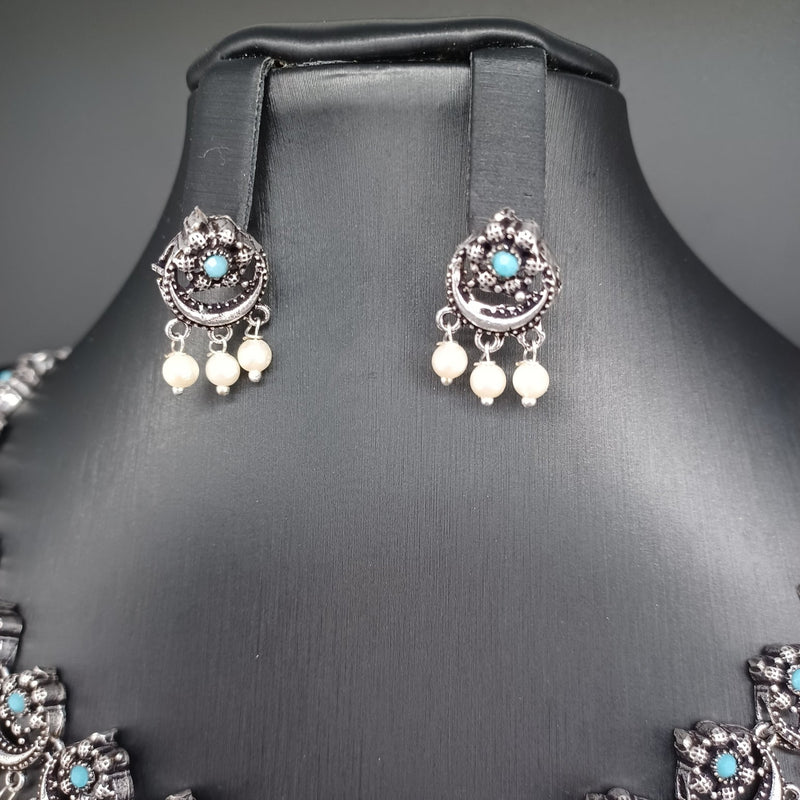 Beautiful Firozi Blue Stone Oxidised Flower Necklace Set With Earrings