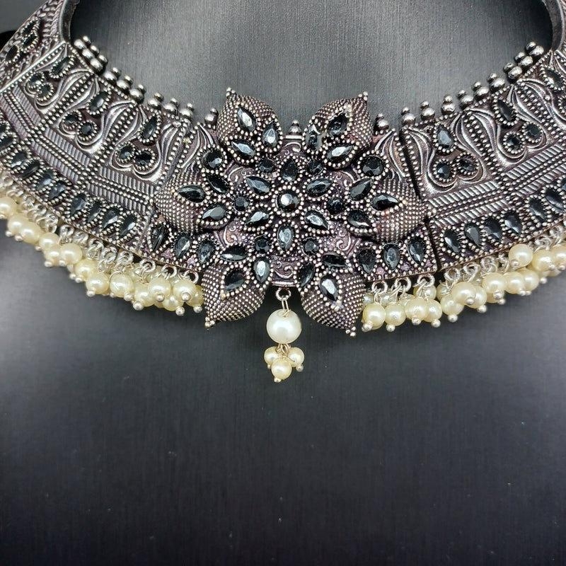 Beautiful Black Stone Oxidised Necklace Set With Earrings