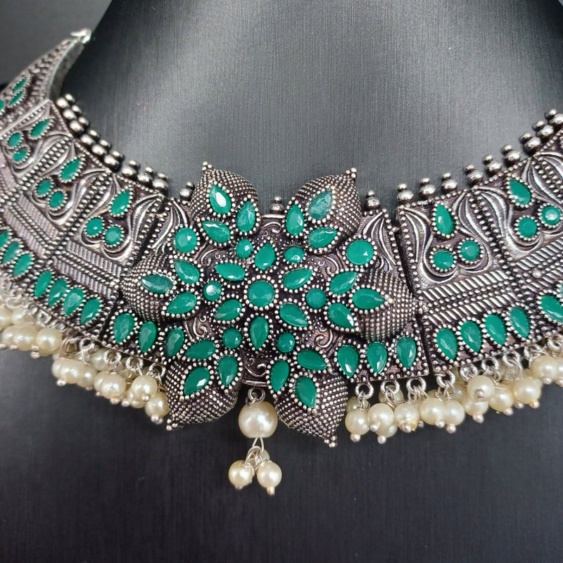 Beautiful Green Stone Oxidised Necklace Set With Earrings