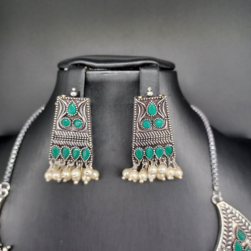 Beautiful Green Stone Oxidised Necklace Set With Earrings