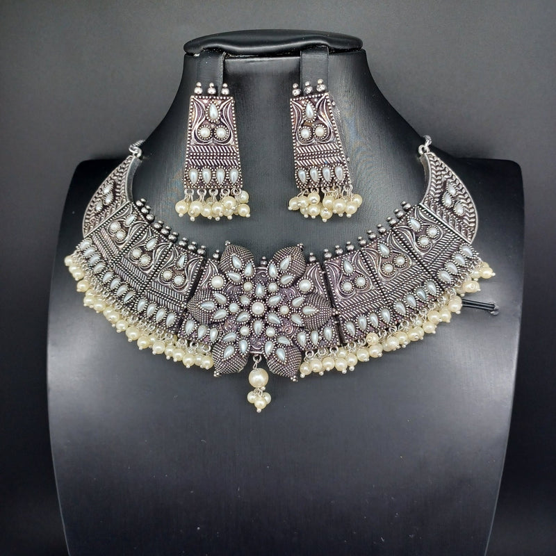 Beautiful Oxidised Pearl Necklace Set With Earrings
