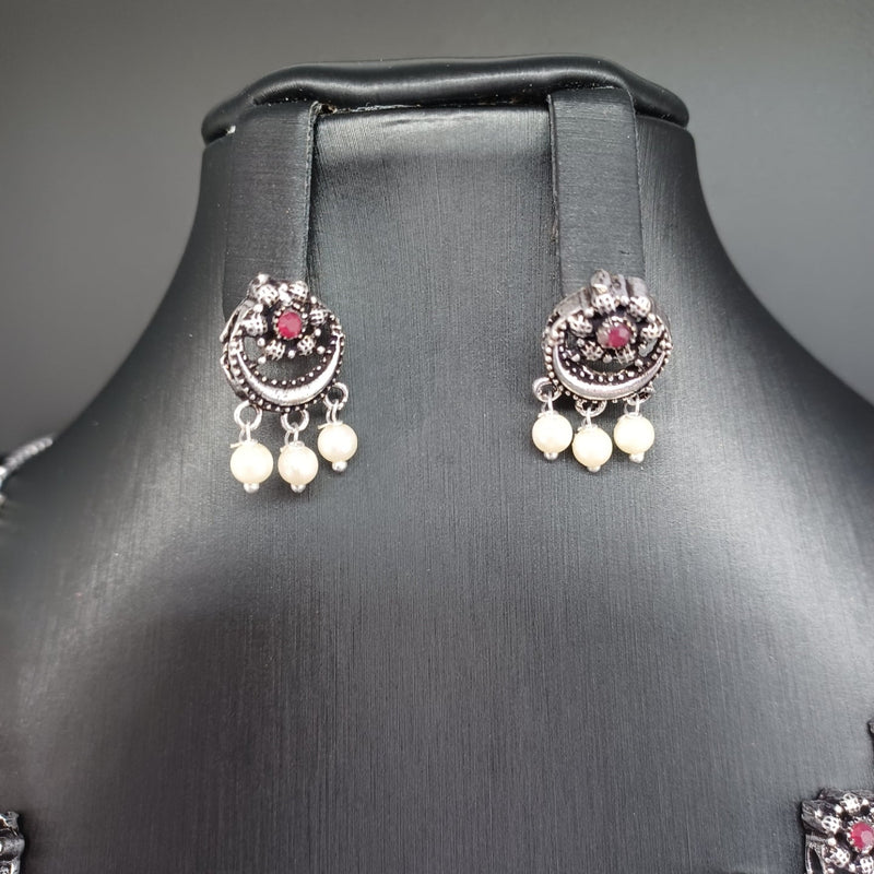 Beautiful Ruby Stone Oxidised Flower Necklace Set With Earrings