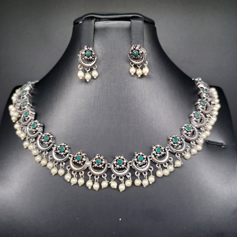 Beautiful Green Stone Oxidised Flower Necklace Set With Earrings