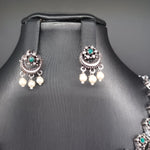 Beautiful Green Stone Oxidised Flower Necklace Set With Earrings