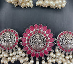 Beautiful Oxidised Ruby Stone Lakshmi Devi Thread Choker With Earrings
