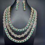 Elegant Diamond Finish AD and Emerald 3 Layered Set With Earrings