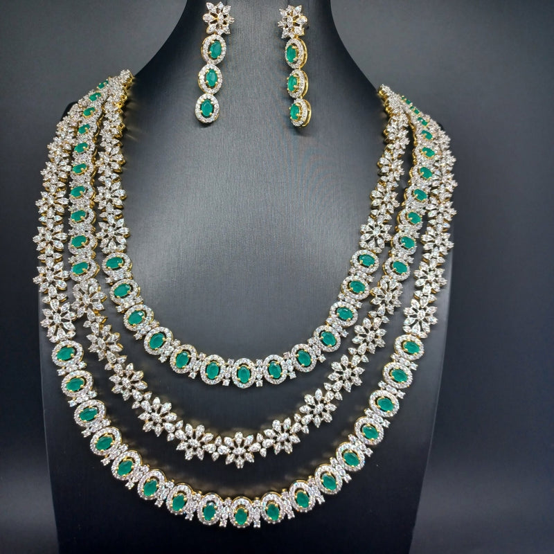 Elegant Diamond Finish AD and Emerald 3 Layered Set With Earrings