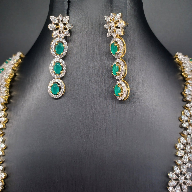 Elegant Diamond Finish AD and Emerald 3 Layered Set With Earrings