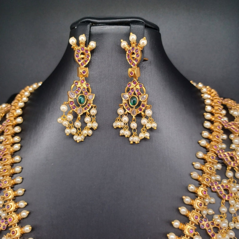 Elegant Diamond Finish AD and Emerald 3 Layered Set With Earrings