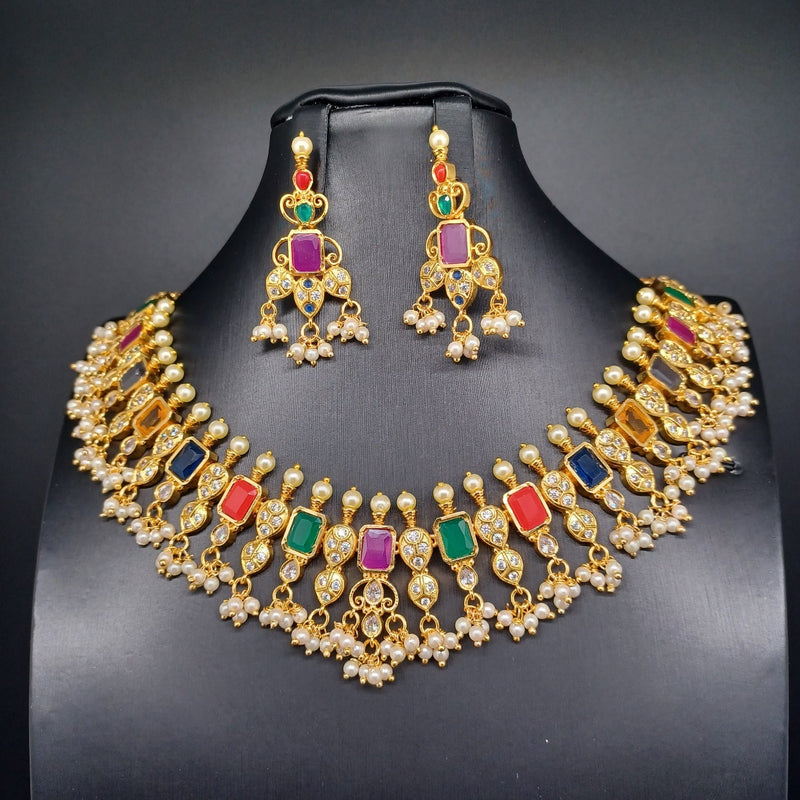 Beautiful Imtation Gold Navaratan Necklace Set With Earrings