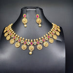 Beautiful Imitation Gold Multi Stone Lakshmi Kasu Necklace Set With Earrings