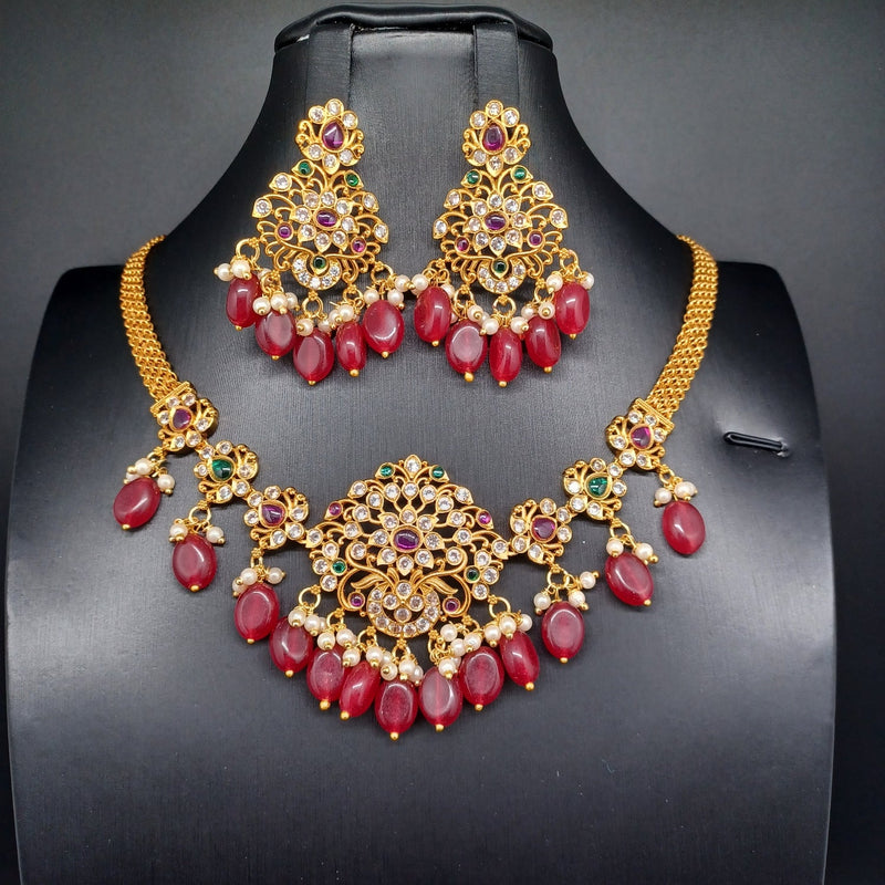 Beautiful Imitation Gold Multi Stone And Ruby Monalisa Beads Necklace With EArrings