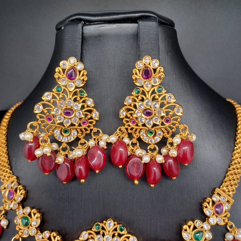 Beautiful Imitation Gold Multi Stone And Ruby Monalisa Beads Necklace With EArrings