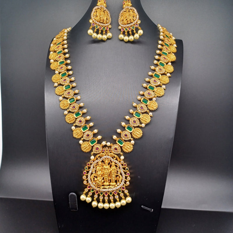 Beautiful Imitation Gold Multi Stone Ramparivar Long Haram With Earrings