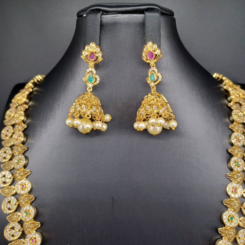 Beautiful Gold Replica Multi Stone Lakshmi Devi Long Necklace Set With Earrings