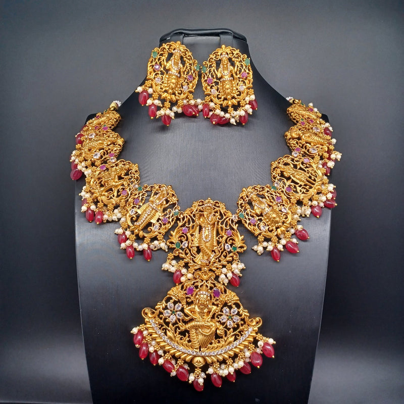 Elegant Dasavataram Set With Red Monalisa Beads With Earrings