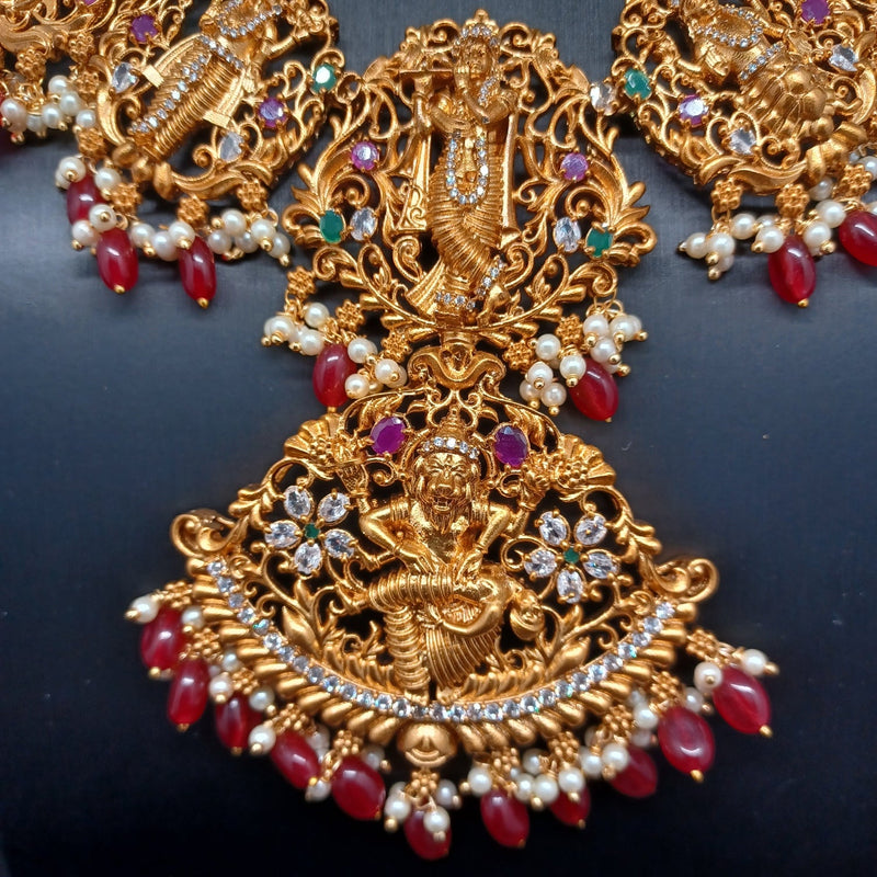 Elegant Dasavataram Set With Red Monalisa Beads With Earrings