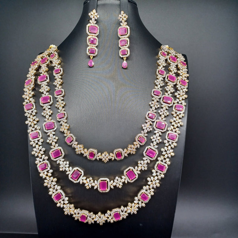 Elegant Diamond Finish AD and Ruby 3 Layered Set With Earrings