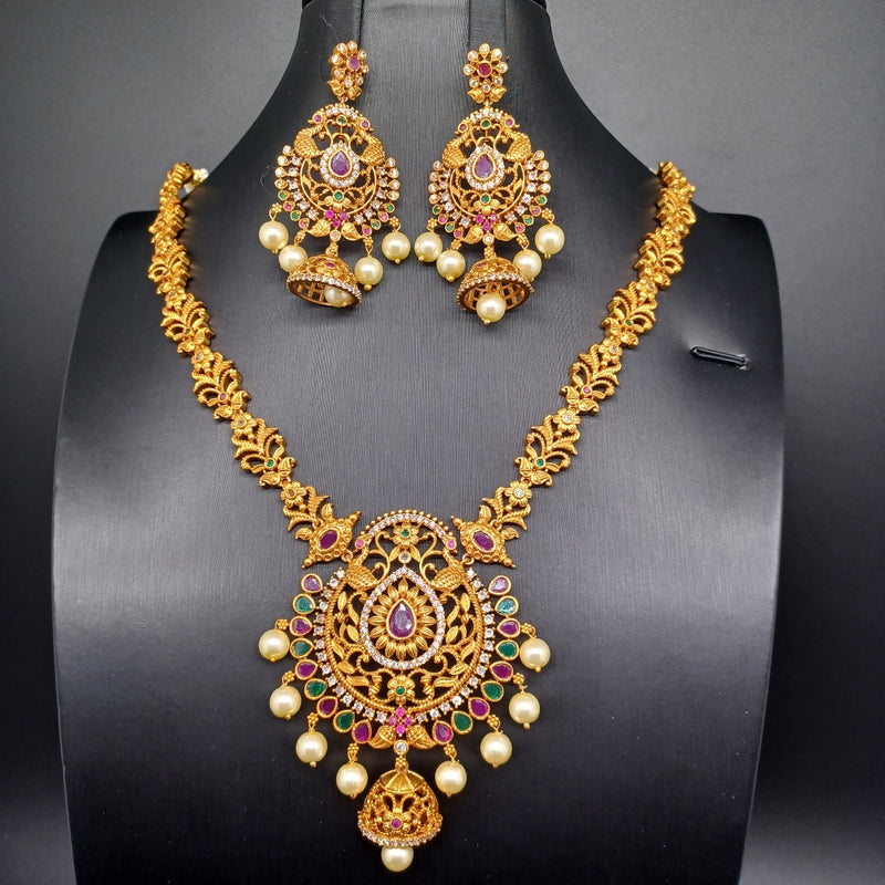 Beautiful Matt Gold Multi Stone Necklace set With Earrings