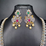 Beautiful Diamond Finish AD And Multi Stone Long Haram With Earrings