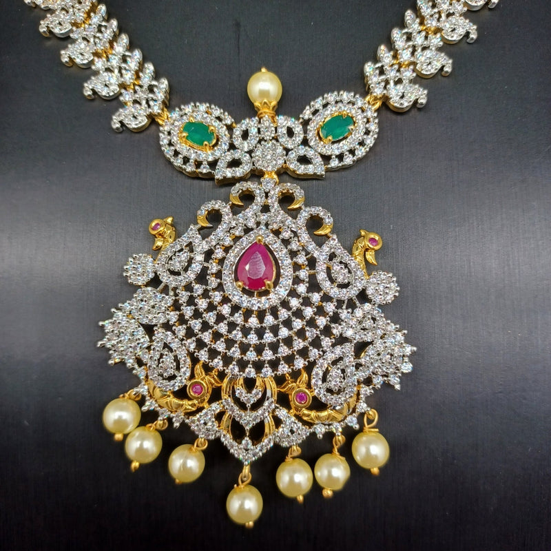 Beautiful Diamond Finish AD And Multi Stone Long Haram With Earrings