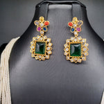 Beautiful Multi Strand Sugar Beads Set With Orange Monalisa Beads With Navaratan Locket And Earrings