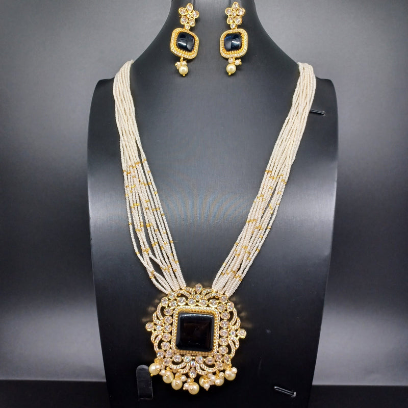Beautiful Multi Strand Sugar Beads Set With Sapphire Stone Locket And Earrings