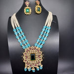 Beautiful Multi Strand Sugar Beads Set With Lite Blue Monalisa Beads With Green Stone Locket And Earrings