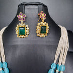 Beautiful Multi Strand Sugar Beads Set With Lite Blue Monalisa Beads With Green Stone Locket And Earrings