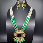 Beautiful Multi Strand Sugar Beads Set With Green Monalisa Beads With Green Stone Locket And Earrings