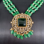 Beautiful Multi Strand Sugar Beads Set With Green Monalisa Beads With Green Stone Locket And Earrings