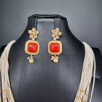 Beautiful Multi Strand Sugar Beads Set With Coral Stone Locket And Earrings