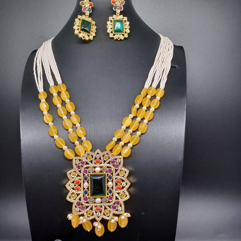 Beautiful Multi Strand Sugar Beads Set With Yellow Monalisa Beads With Navaratan Stone Locket And Earrings