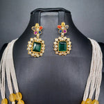 Beautiful Multi Strand Sugar Beads Set With Yellow Monalisa Beads With Navaratan Stone Locket And Earrings