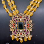 Beautiful Multi Strand Sugar Beads Set With Yellow Monalisa Beads With Navaratan Stone Locket And Earrings