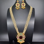 Beautiful Multi Strand Rice Pearl Set With Navaratan stone Locket And Earrings