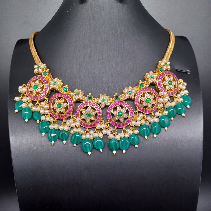 Elegant Multi Stone jadav Kundan Set With Green Monalisa Beads