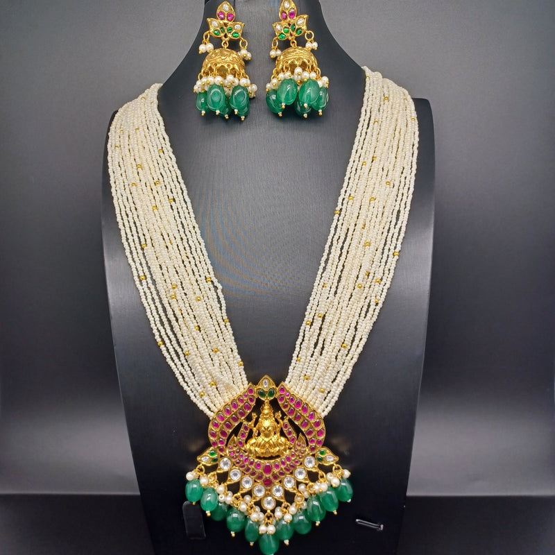 Beautiful Multi Strand Sugar Pearls Multi Stone Jadav Kundan Lakshmi Devi Locket And Jumka